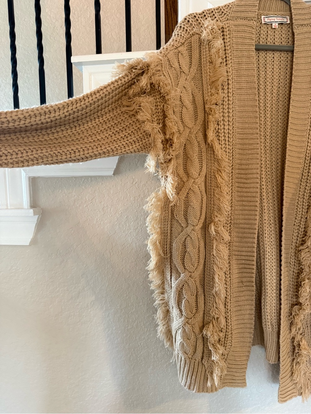 Oversized Beige Fringed Cable Knit Open Cardigan - Picture 2 of 4